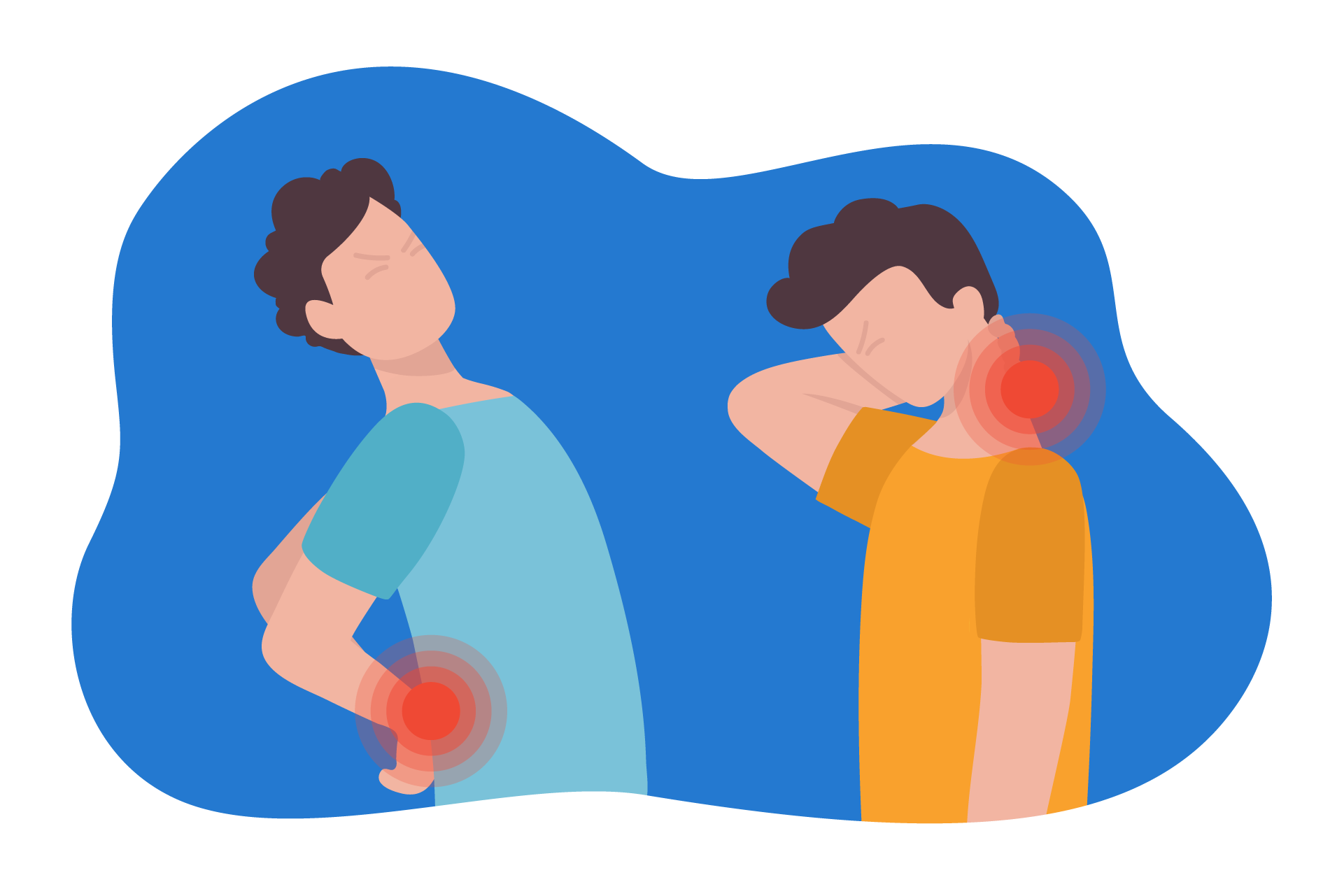 Ilustração de dois homens sentindo dor, um levando as mãos às costas e o outro ao pescoço.